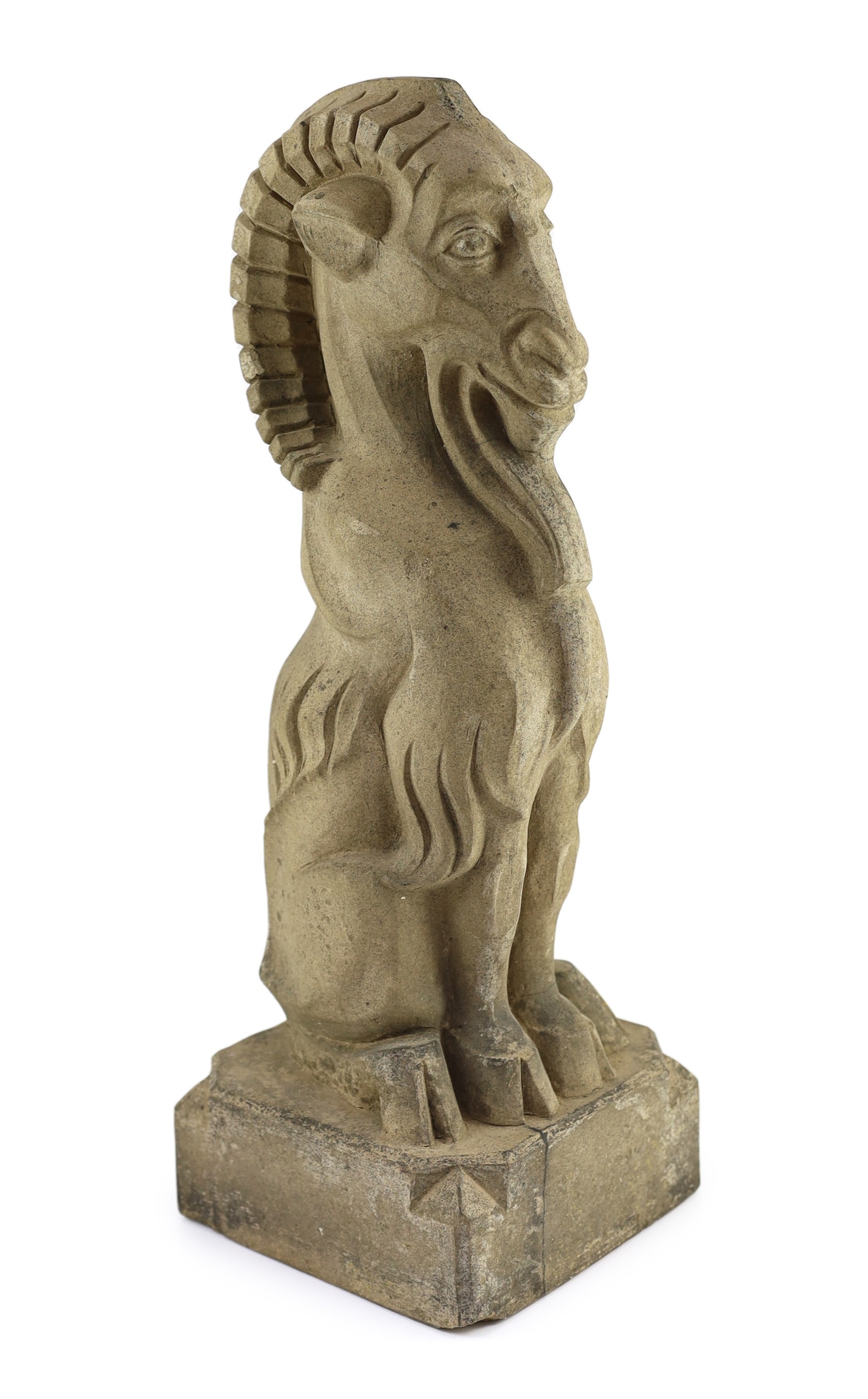 A Doulton Lambeth stoneware garden figure of a seated goat, designed by Francis Pope, early 20th century, 51cm high